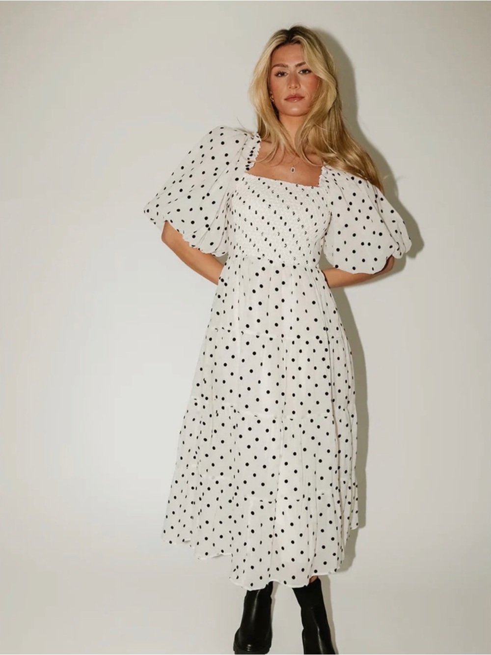 ZOCO scout Puff-Sleeve Midi Dress - White/Black